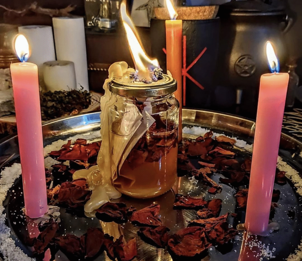 Australian spellcaster performing attraction love spell with rose quartz crystals