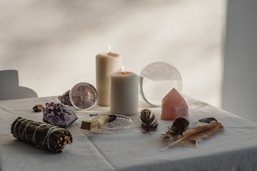 candles and crystal spell set up